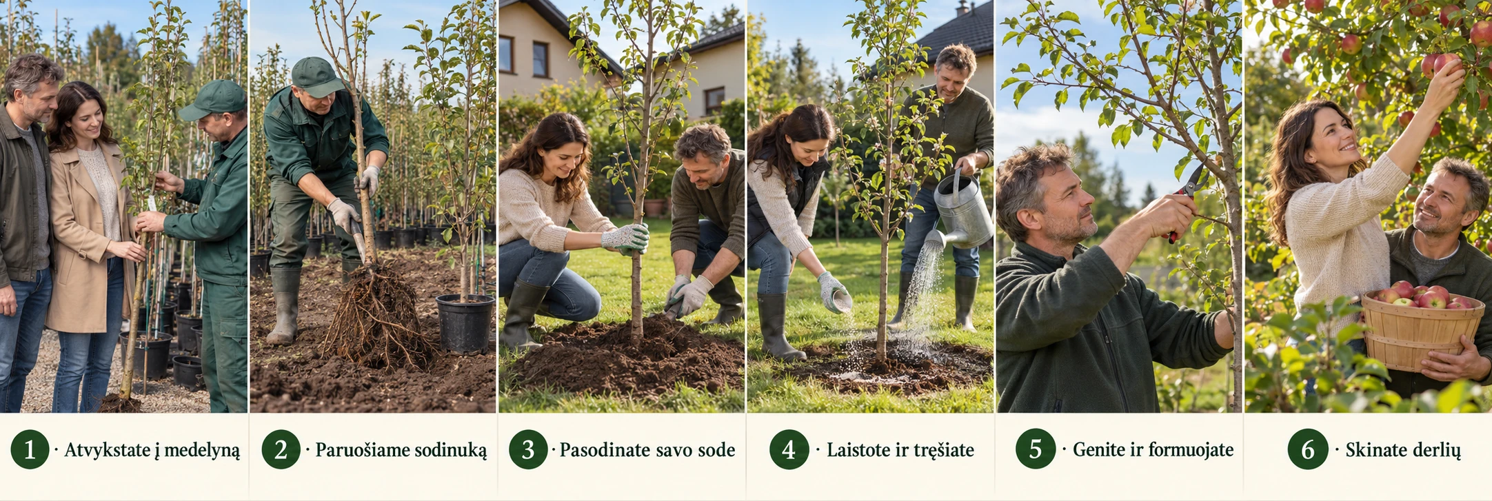 Šešių žingsnių sodinuko kelias: sodinuko pasirinkimas medelyne, paruošimas, sodinimas, laistymas ir tręšimas, genėjimas bei vaisių skynimas